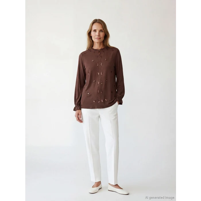 LCW Grace Kahverengi Fırfırlı Hakim Yaka Pul Payetli Bluz
