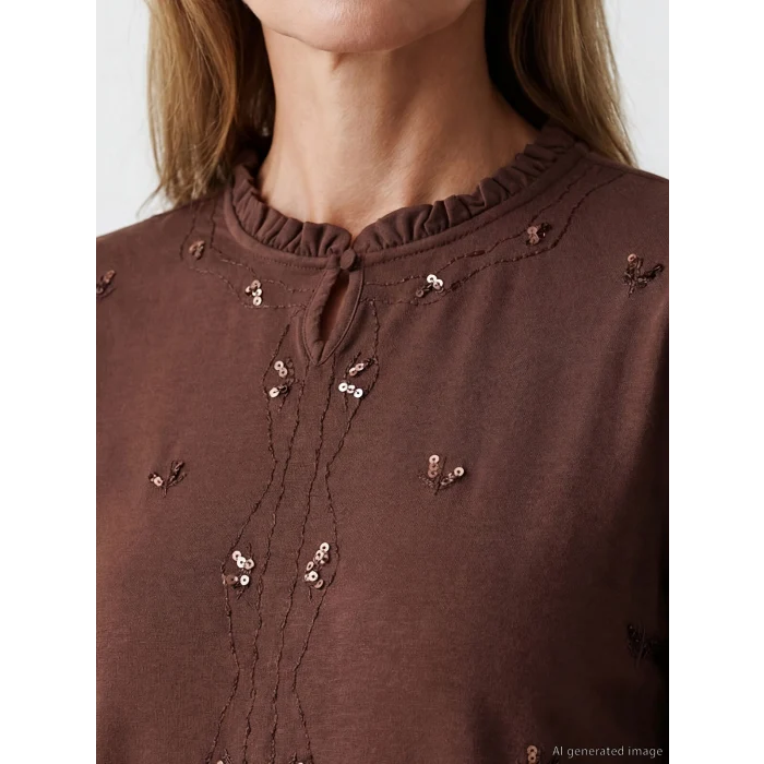 LCW Grace Kahverengi Fırfırlı Hakim Yaka Pul Payetli Bluz