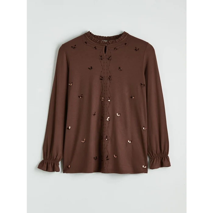 LCW Grace Kahverengi Fırfırlı Hakim Yaka Pul Payetli Bluz