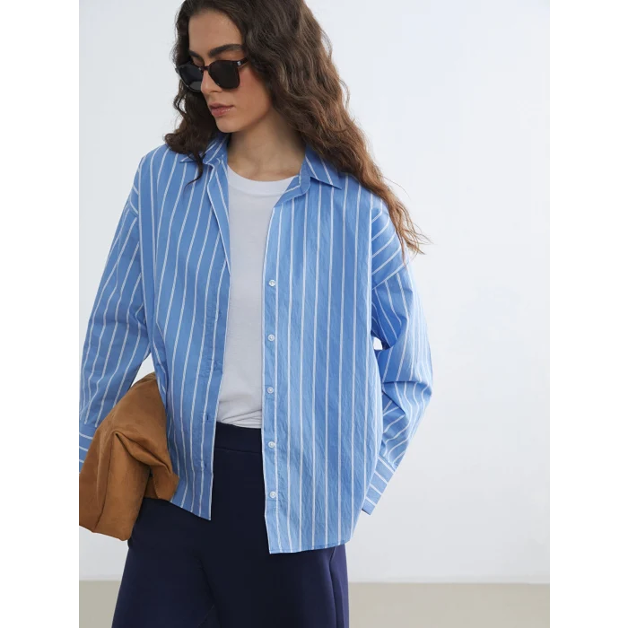 LCW Vision Mavi Çizgili Oversize Kadın Gömlek