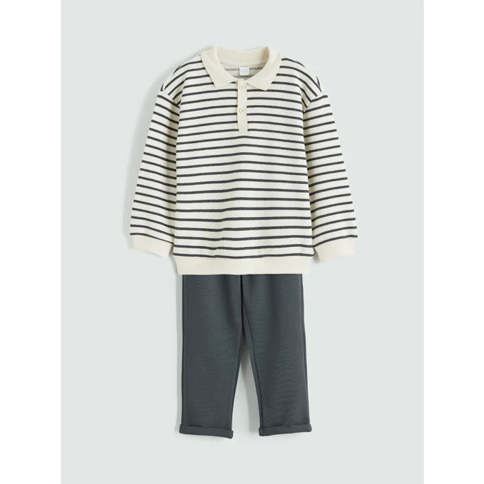 LCW Kids Bej Çizgili Erkek Çocuk Sweatshirt ve Eşofman Altı