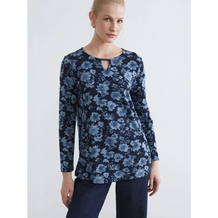 LCW Grace Lacivert Bisiklet Yaka Çiçekli Bluz