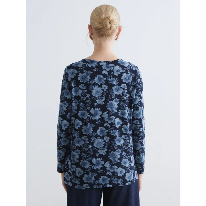 LCW Grace Lacivert Bisiklet Yaka Çiçekli Bluz