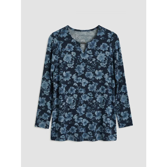 LCW Grace Lacivert Bisiklet Yaka Çiçekli Bluz