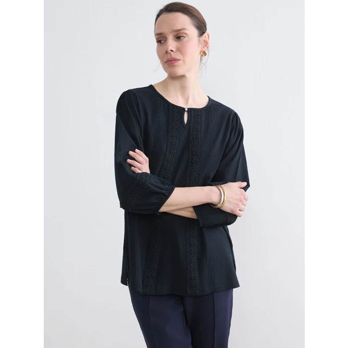 LCW Grace Lacivert Bisiklet Yaka Nakışlı Bluz