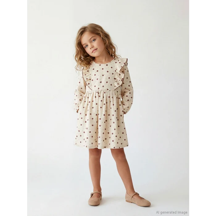 LCW Kids Ekru Bisiklet Yaka Çiçekli Kız Çocuk Elbise