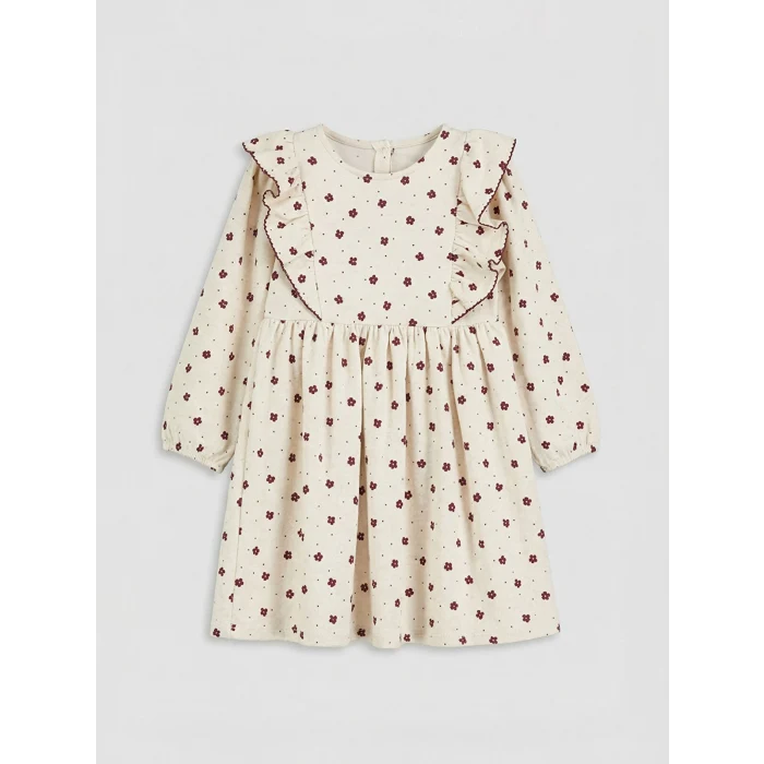 LCW Kids Ekru Bisiklet Yaka Çiçekli Kız Çocuk Elbise