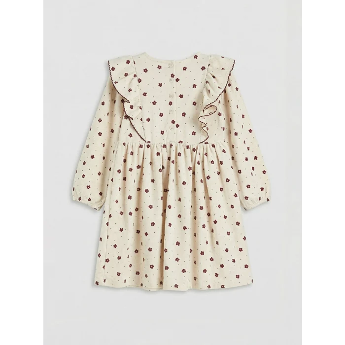 LCW Kids Ekru Bisiklet Yaka Çiçekli Kız Çocuk Elbise