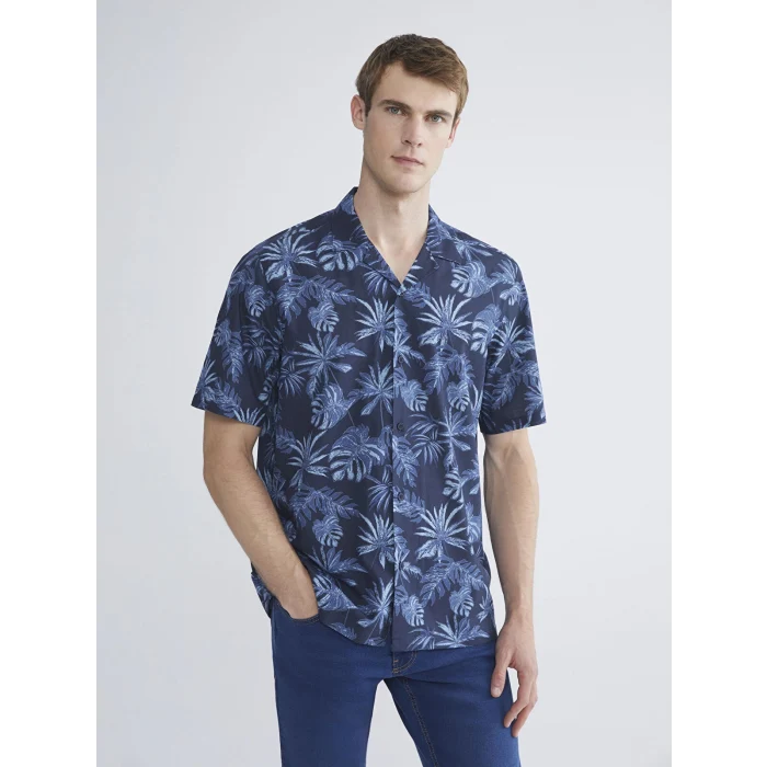 SOUTHBLUE Lacivert Regular Fit Resort Yaka Kısa Kollu Desenli Poplin Erkek Gömlek