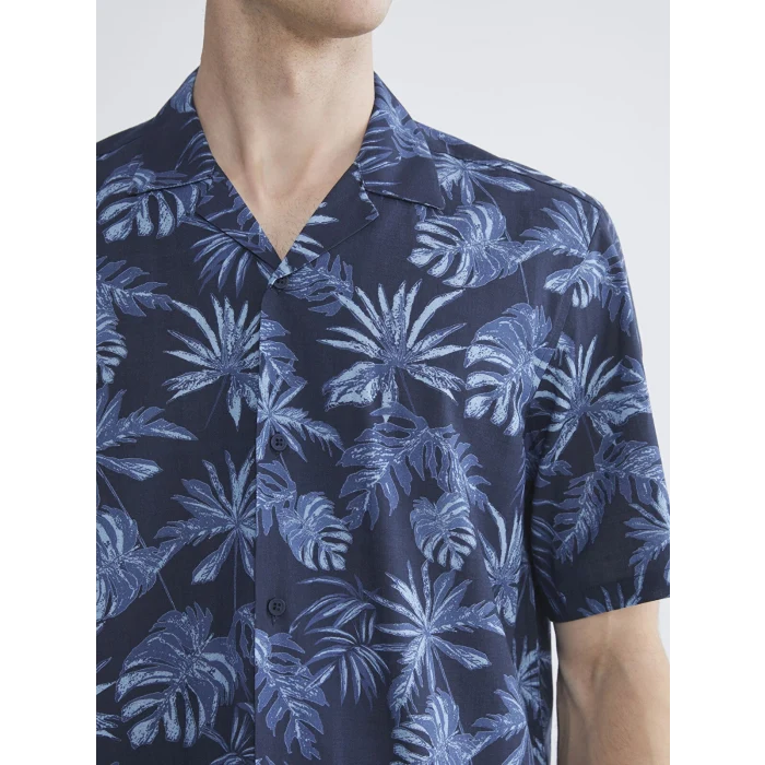 SOUTHBLUE Lacivert Regular Fit Resort Yaka Kısa Kollu Desenli Poplin Erkek Gömlek