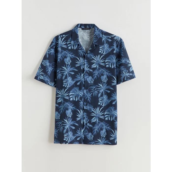 SOUTHBLUE Lacivert Regular Fit Resort Yaka Kısa Kollu Desenli Poplin Erkek Gömlek