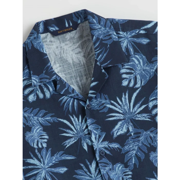 SOUTHBLUE Lacivert Regular Fit Resort Yaka Kısa Kollu Desenli Poplin Erkek Gömlek