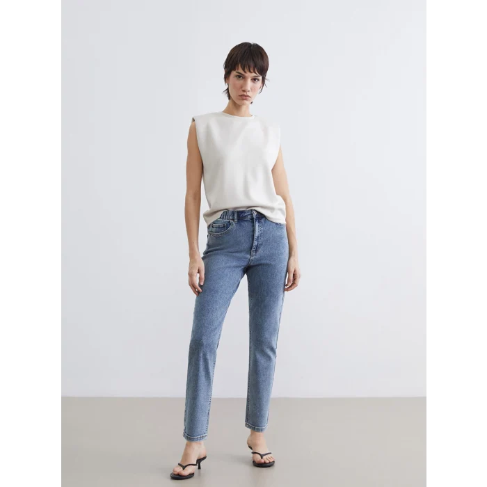 LCWAIKIKI Classic İndigo Beli Lastikli Slim Mom Kadın Jean Pantolon