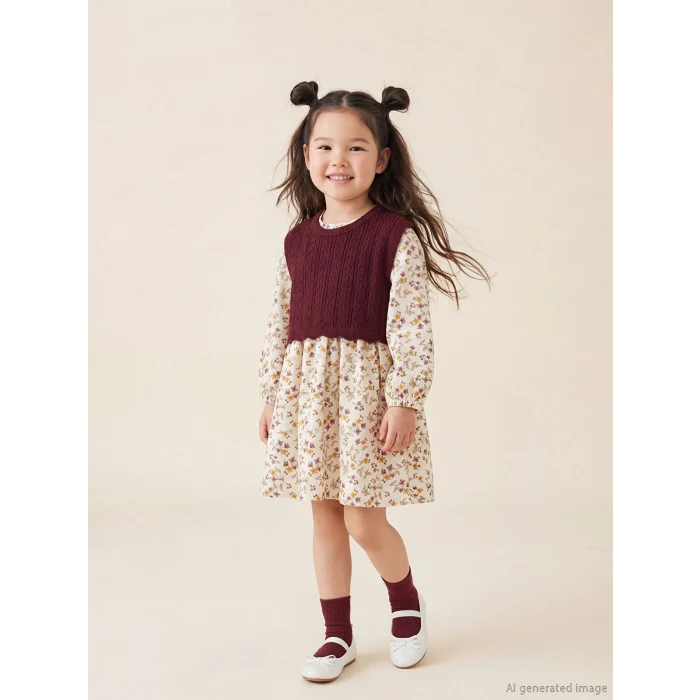 LCW Kids Ekru Çiçekli Kız Çocuk Elbise ve Süveter