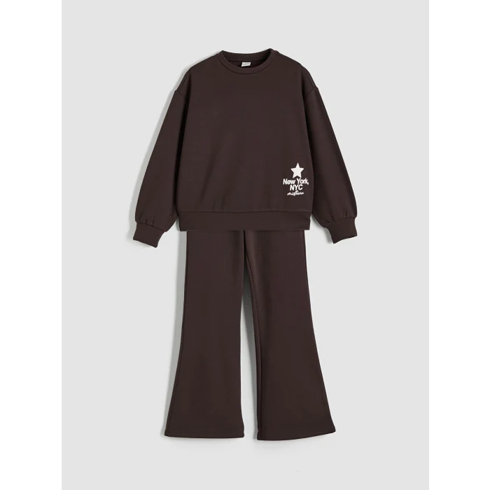 LCW Kids Kahverengi New York Baskılı Kız Çocuk Soft Touch Sweatshirt ve Eşofman Altı