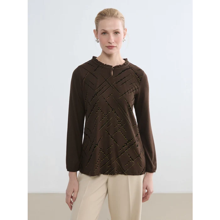 LCW Grace Kahverengi Bisiklet Yaka Desenli Bluz