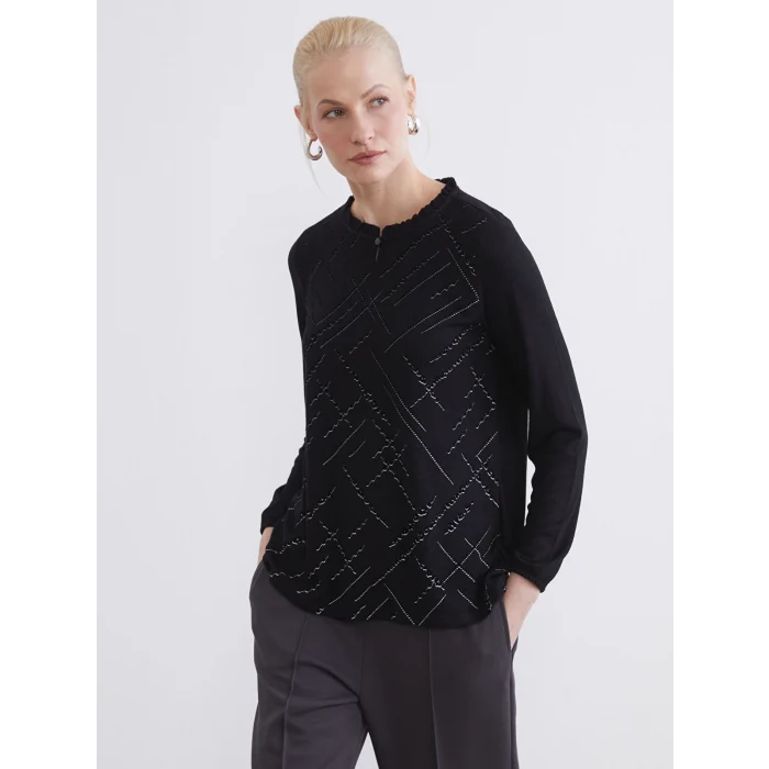 LCW Grace Siyah Bisiklet Yaka Desenli Bluz