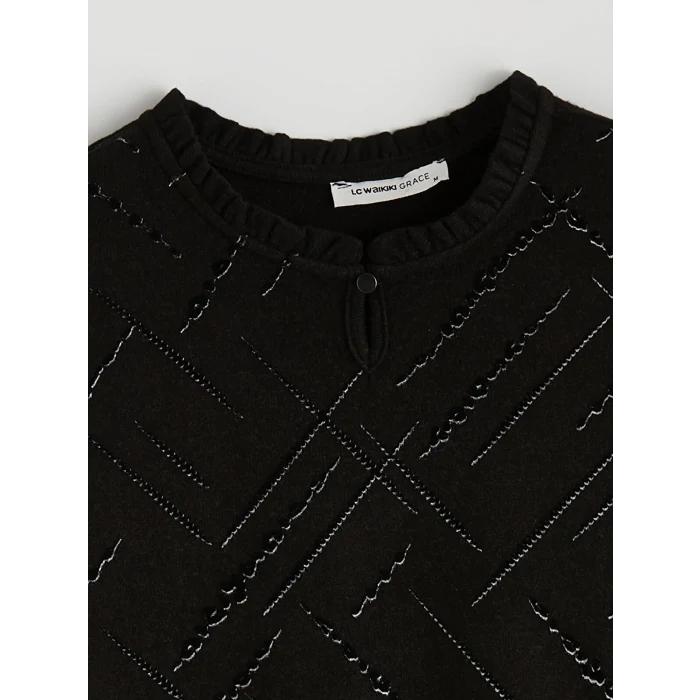 LCW Grace Siyah Bisiklet Yaka Desenli Bluz