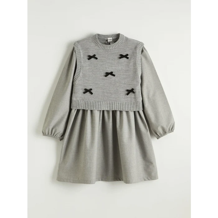 LCW Kids Gri Bisiklet Yaka Kız Çocuk Elbise ve Süveter