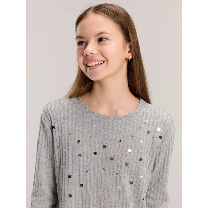 LCW Kids Gri Bisiklet Yaka Pul İşlemeli Kız Çocuk Tişört