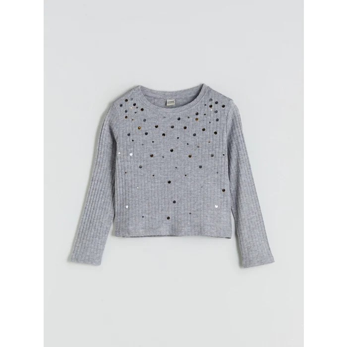 LCW Kids Gri Bisiklet Yaka Pul İşlemeli Kız Çocuk Tişört