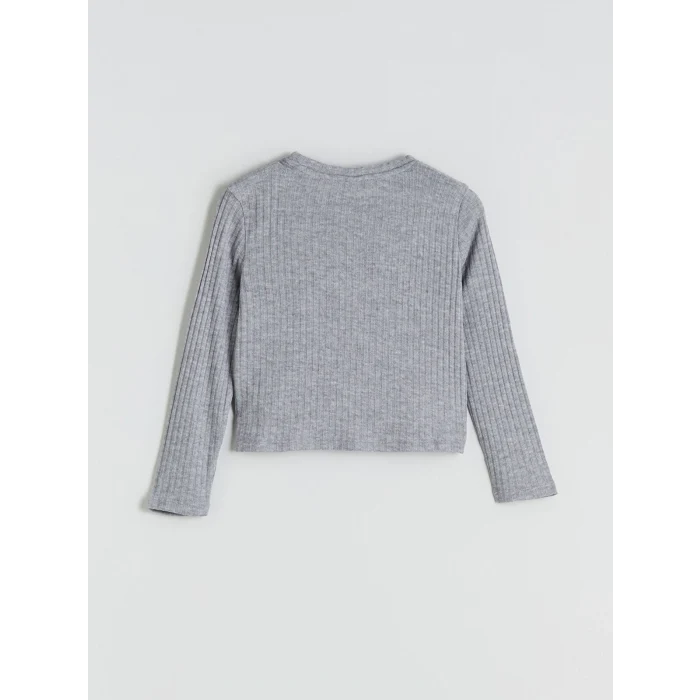 LCW Kids Gri Bisiklet Yaka Pul İşlemeli Kız Çocuk Tişört