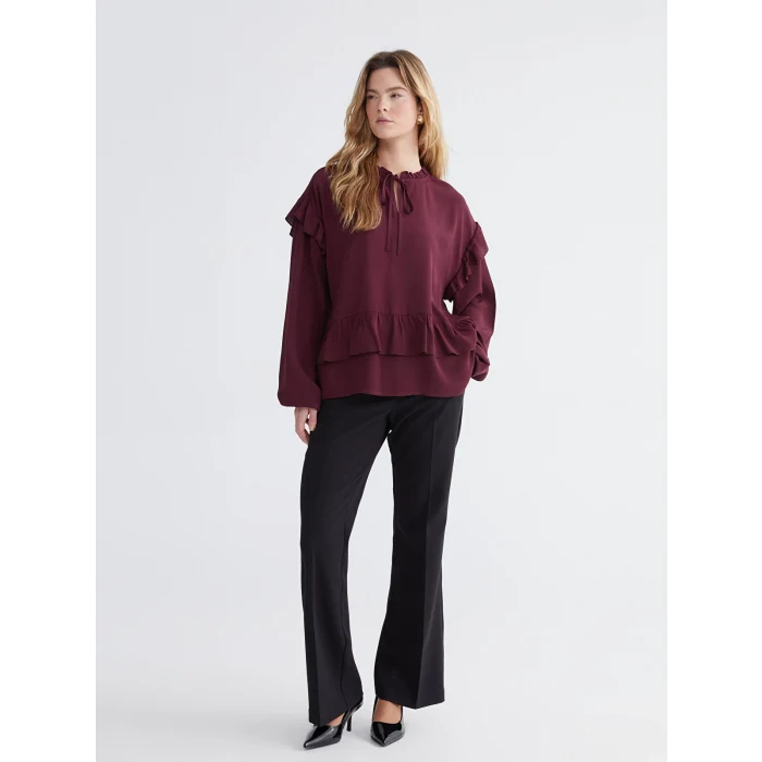 LCWAIKIKI Classic Bordo Bağlamalı Yaka Oversize Fırfırlı Bluz