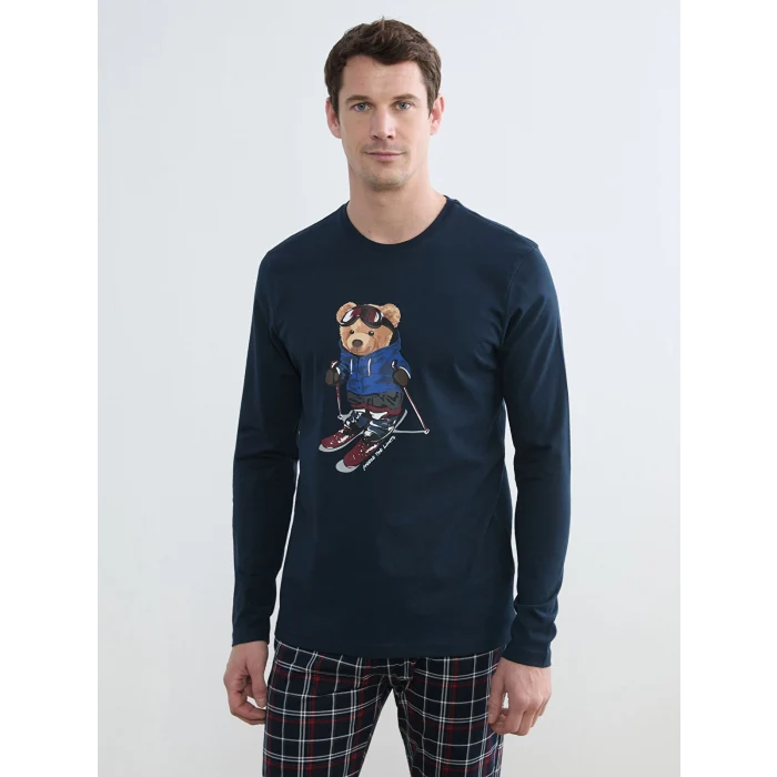 LC WAIKIKI Lacivert Bisiklet Yaka Ayı Teddy Baskılı Erkek Pijama Takım