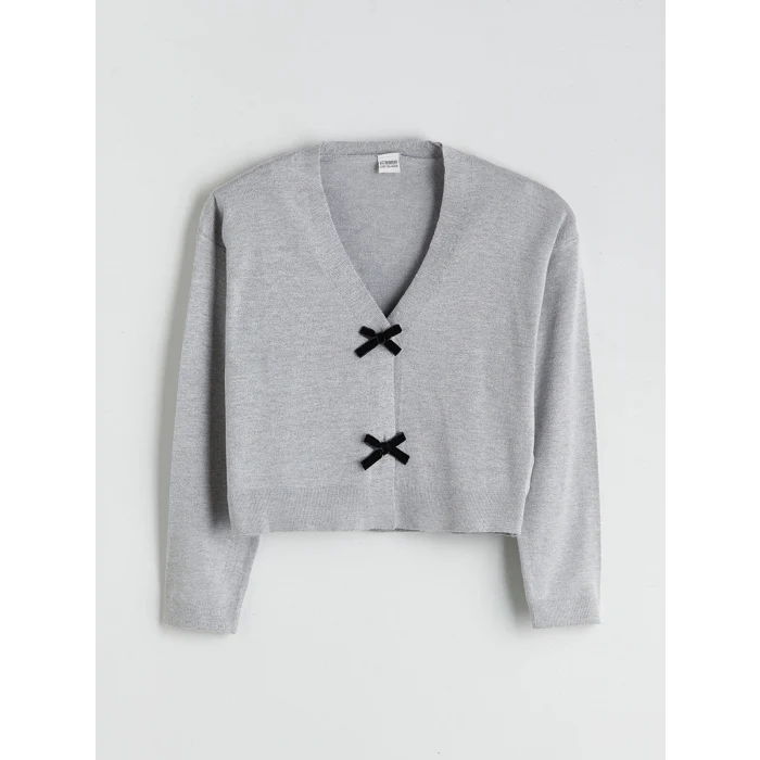 LCW Kids Gri V Yaka Fiyonk Detaylı Kız Çocuk Triko Hırka