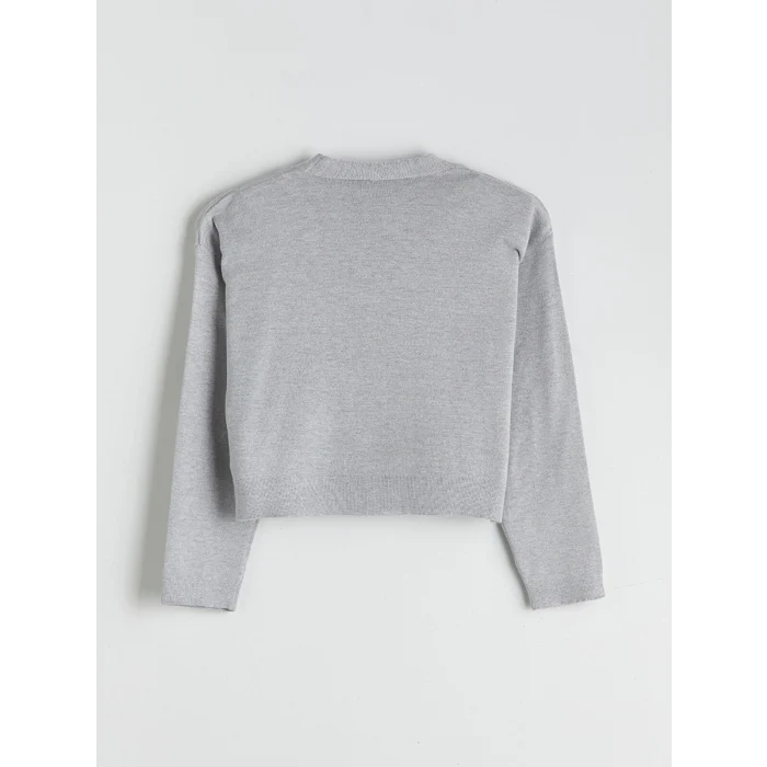 LCW Kids Gri V Yaka Fiyonk Detaylı Kız Çocuk Triko Hırka