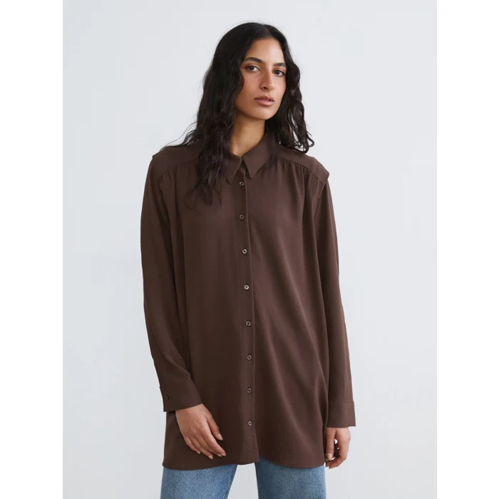 LCW Modest Kahverengi Büzgülü Oversize Kadın Gömlek Tunik