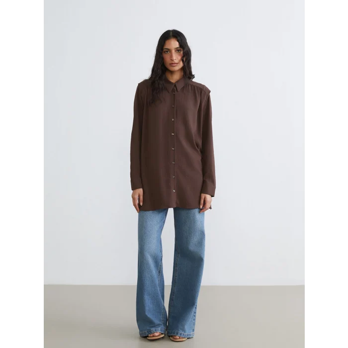 LCW Modest Kahverengi Büzgülü Oversize Kadın Gömlek Tunik