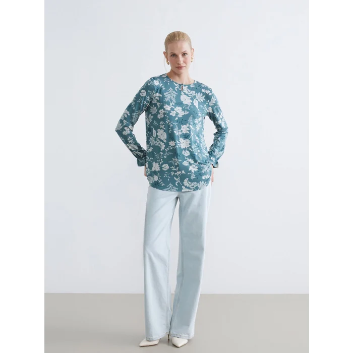 LCW Grace Mavi Bisiklet Yaka Desenli Bluz