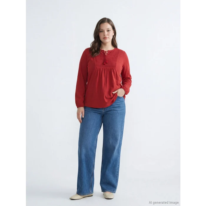 LCW Grace Kırmızı Bağlamalı Yaka Nakışlı Bluz