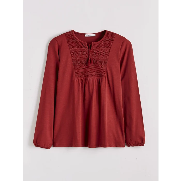 LCW Grace Kırmızı Bağlamalı Yaka Nakışlı Bluz