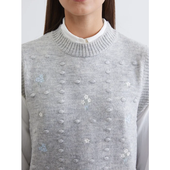 LCW Modest Gri Bisiklet Yaka Nakışlı Kadın Triko Süveter