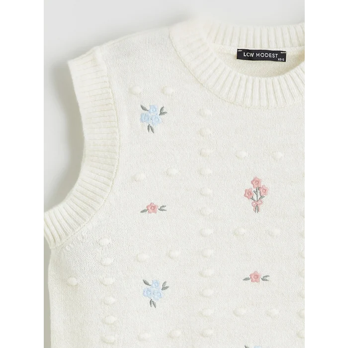 LCW Modest Bej Bisiklet Yaka Nakışlı Kadın Triko Süveter