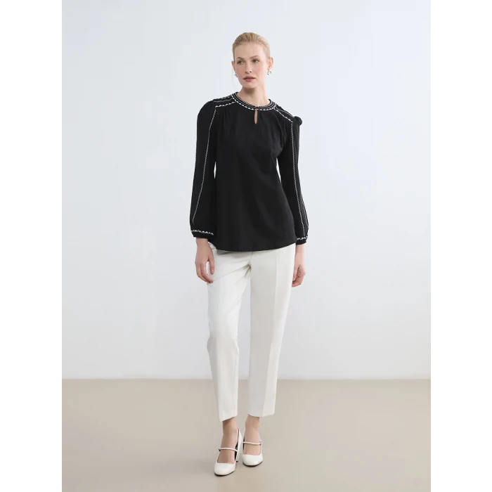 LCW Grace Siyah Hakim Yaka Nakışlı Bluz
