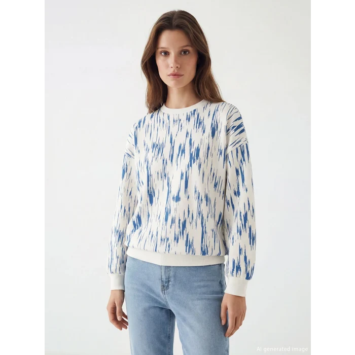 LCW Modest Mavi Bisiklet Yaka Desenli Kadın Sweatshirt Tunik