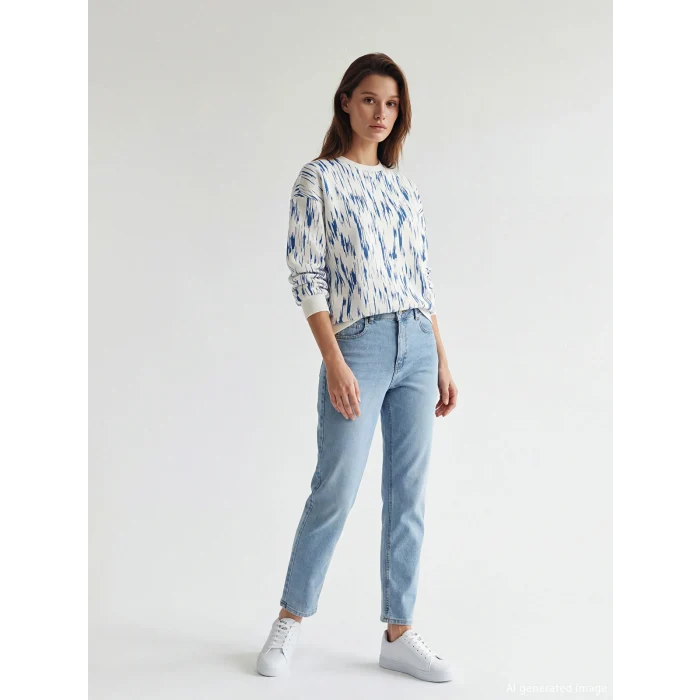 LCW Modest Mavi Bisiklet Yaka Desenli Kadın Sweatshirt Tunik