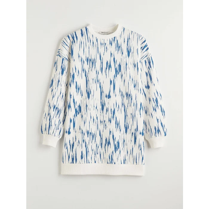 LCW Modest Mavi Bisiklet Yaka Desenli Kadın Sweatshirt Tunik