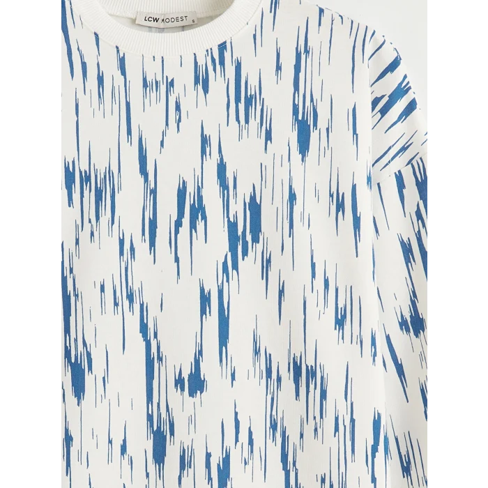 LCW Modest Mavi Bisiklet Yaka Desenli Kadın Sweatshirt Tunik