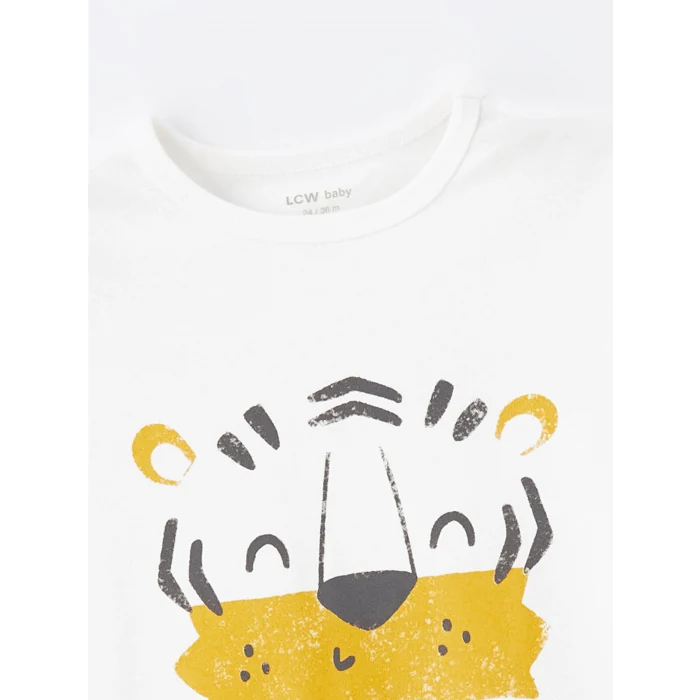 LCW baby Ekru Bisiklet Yaka Kısa Kollu Baskılı Erkek Bebek Şortlu Pijama Takımı