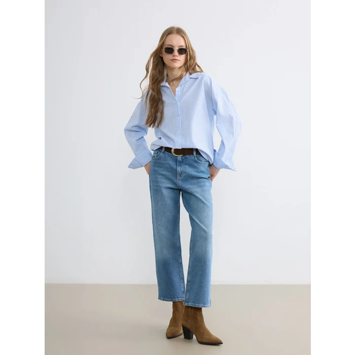 XSIDE Mavi Beli Kemerli Wideleg Kadın Jean Pantolon