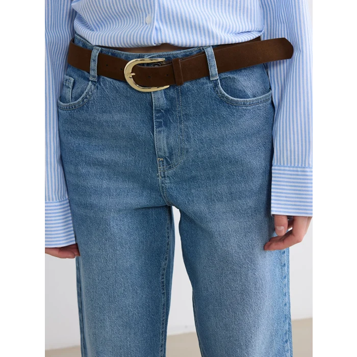 XSIDE Mavi Beli Kemerli Wideleg Kadın Jean Pantolon