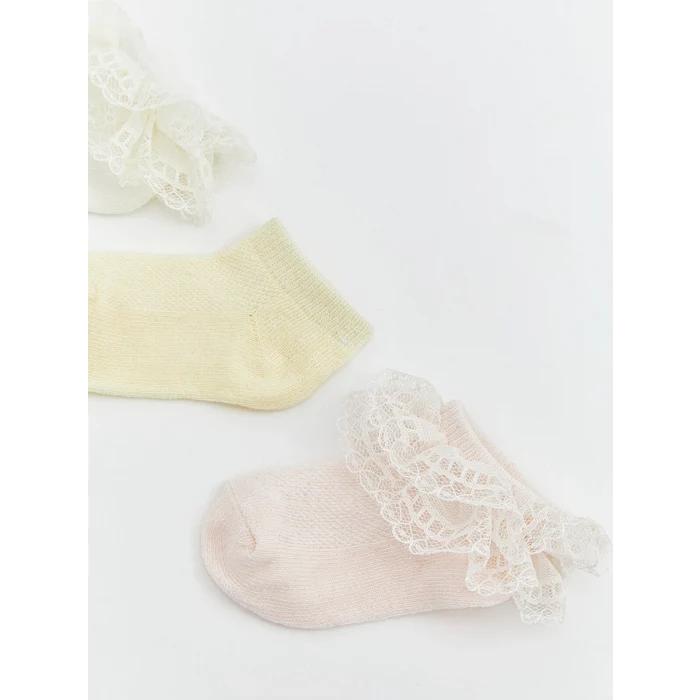 LCW baby Ekru Dantel Detaylı Kız Bebek Patik Çorap 3lü
