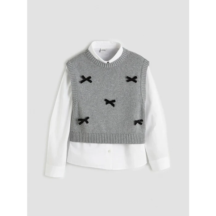 LCW Kids Ekru Fiyonk Detaylı Kız Çocuk Triko Süveter ve Gömlek