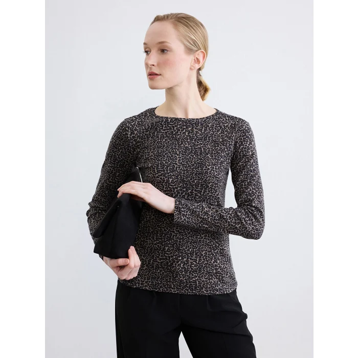 LCWAIKIKI Classic Siyah Bisiklet Yaka Leopar Desenli Bluz