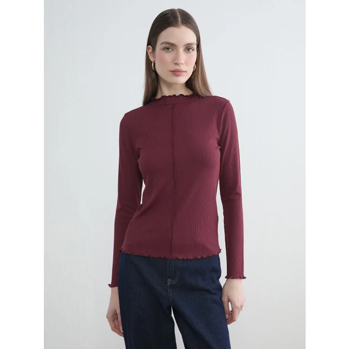 LCW Modest Bordo Fırfırlı Dik Yaka Kadın Body