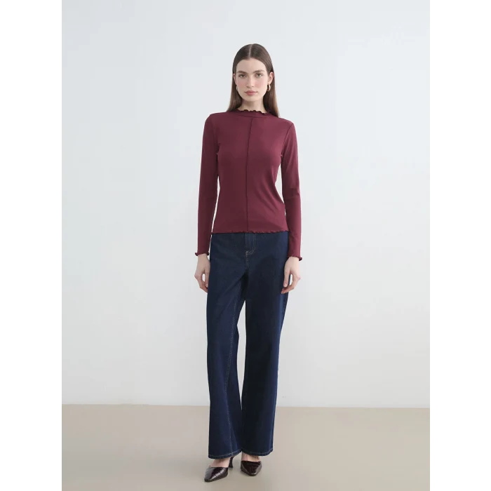 LCW Modest Bordo Fırfırlı Dik Yaka Kadın Body